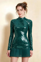 Belle Peacock Sequin Pleats High Neck Mini Dress Long Sleeve