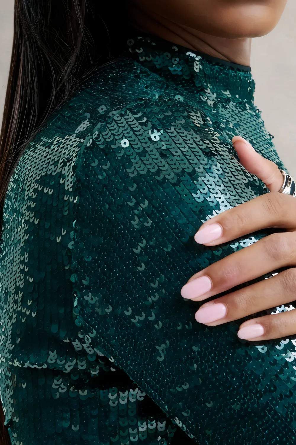 Belle Peacock Sequin Pleats High Neck Mini Dress Long Sleeve