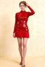 Belle Red Sequin Pleats High Neck Mini Dress Long Sleeve