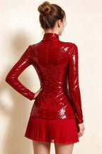 Belle Red Sequin Pleats High Neck Mini Dress Long Sleeve