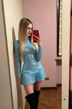 Belle Sky Blue Sequin Pleats High Neck Mini Dress Long Sleeve