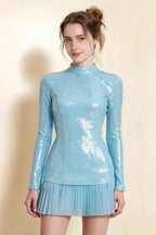 Belle Sky Blue Sequin Pleats High Neck Mini Dress Long Sleeve