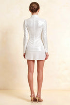 Belle White Sequin Pleats High Neck Mini Dress Long Sleeve