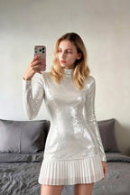 Belle White Sequin Pleats High Neck Mini Dress Long Sleeve