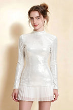 Belle White Sequin Pleats High Neck Mini Dress Long Sleeve
