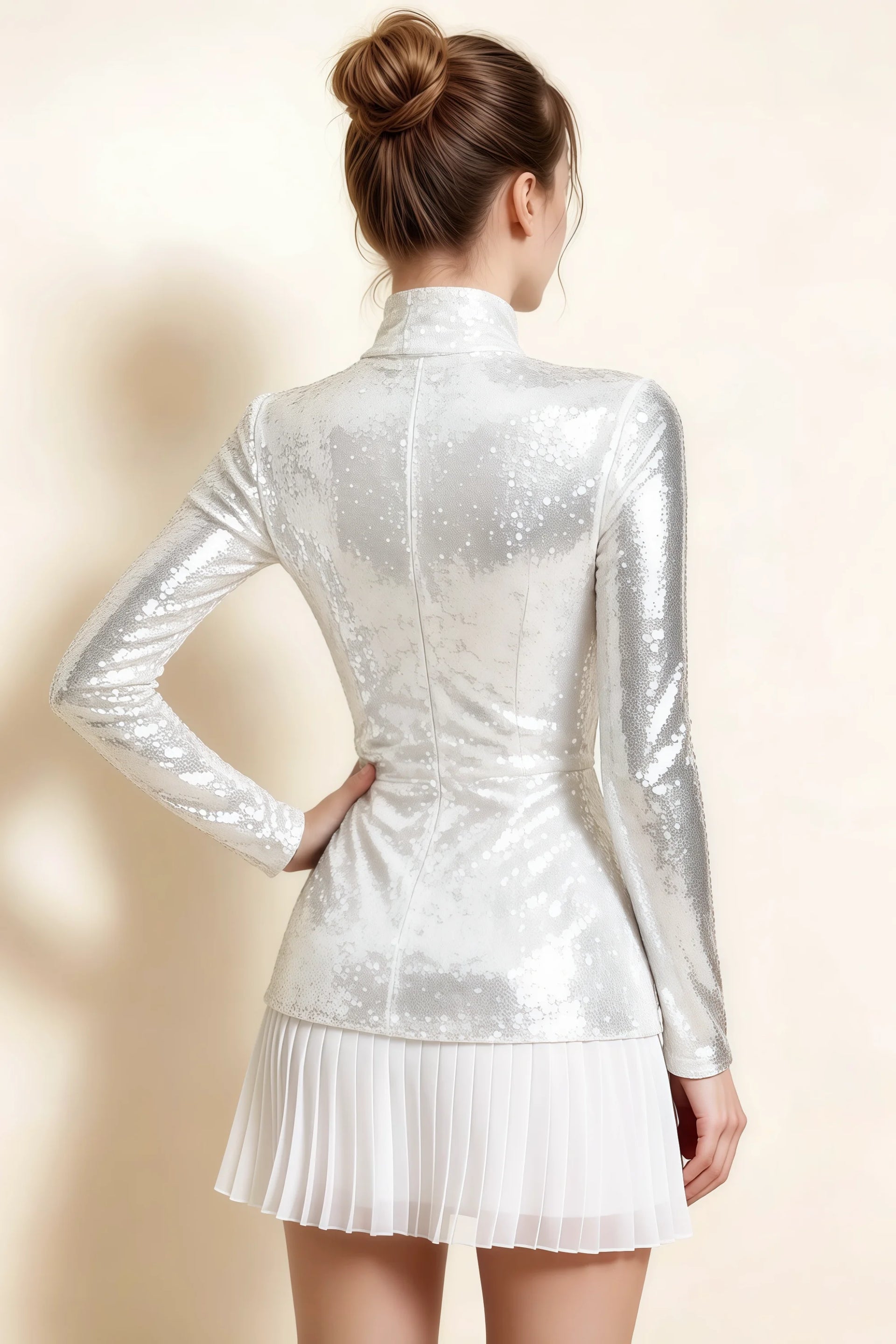 Belle White Sequin Pleats High Neck Mini Dress Long Sleeve