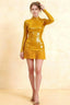 Belle Yellow Sequin Pleats High Neck Mini Dress Long Sleeve