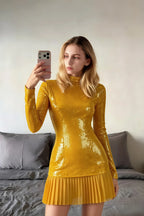 Belle Yellow Sequin Pleats High Neck Mini Dress Long Sleeve