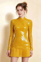 Belle Yellow Sequin Pleats High Neck Mini Dress Long Sleeve