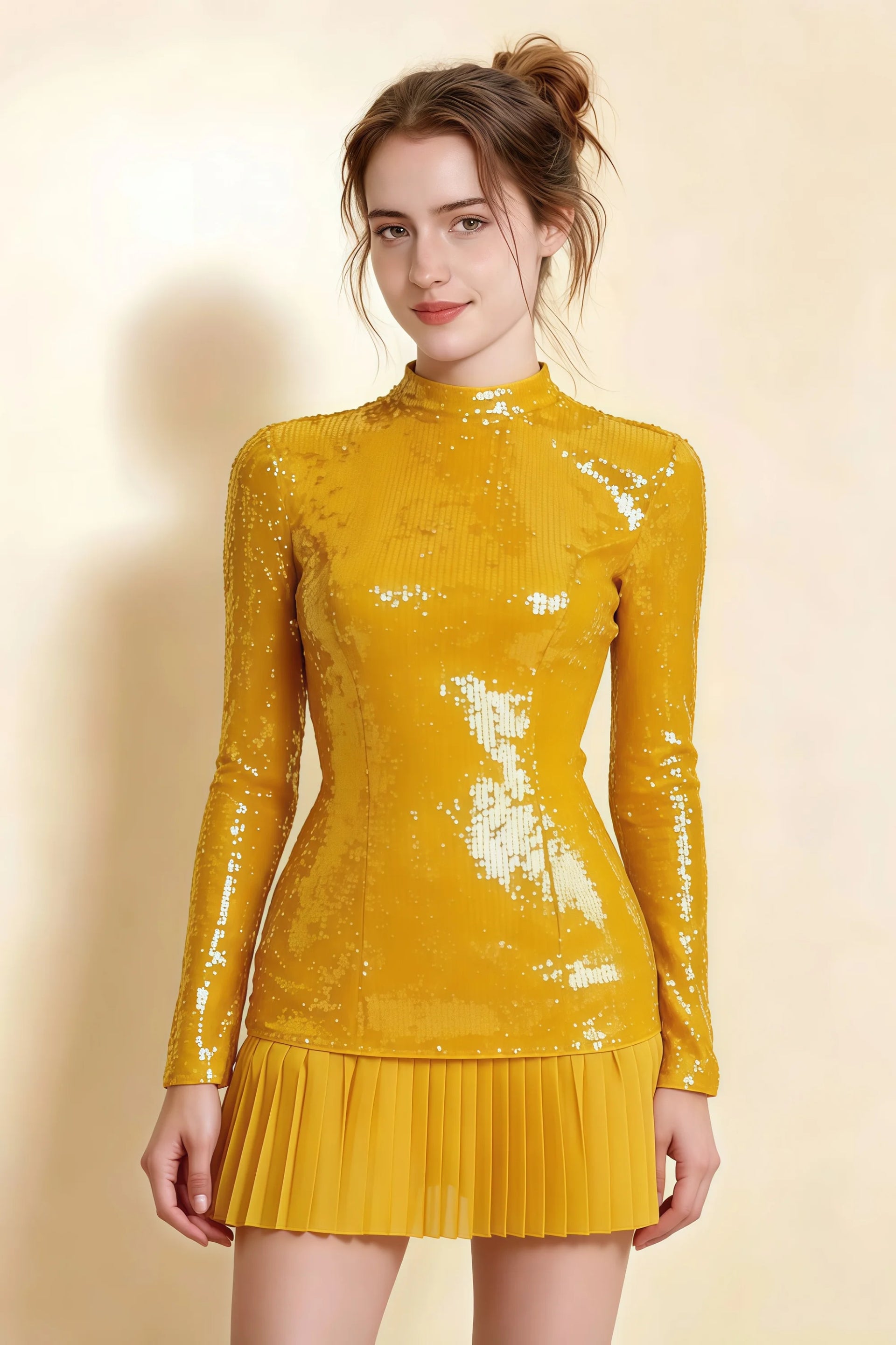 Belle Yellow Sequin Pleats High Neck Mini Dress Long Sleeve