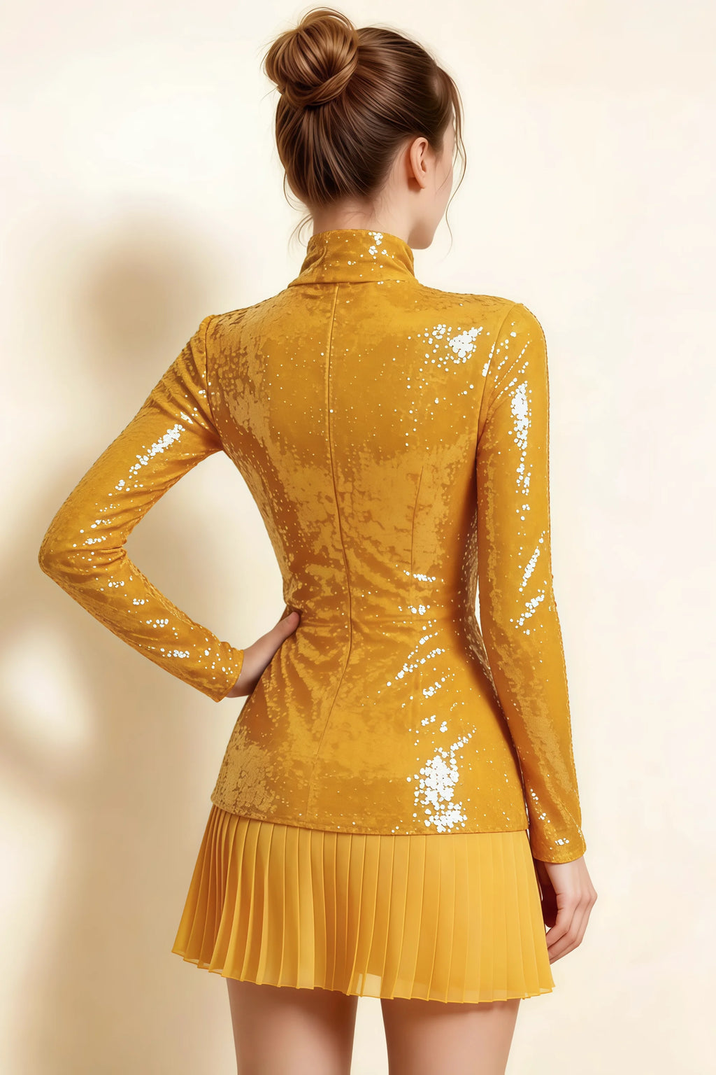 Belle Yellow Sequin Pleats High Neck Mini Dress Long Sleeve