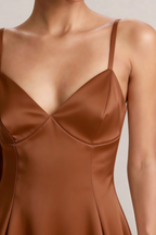 Bernice Brown Satin Casual Plunge Mini Dress for Women
