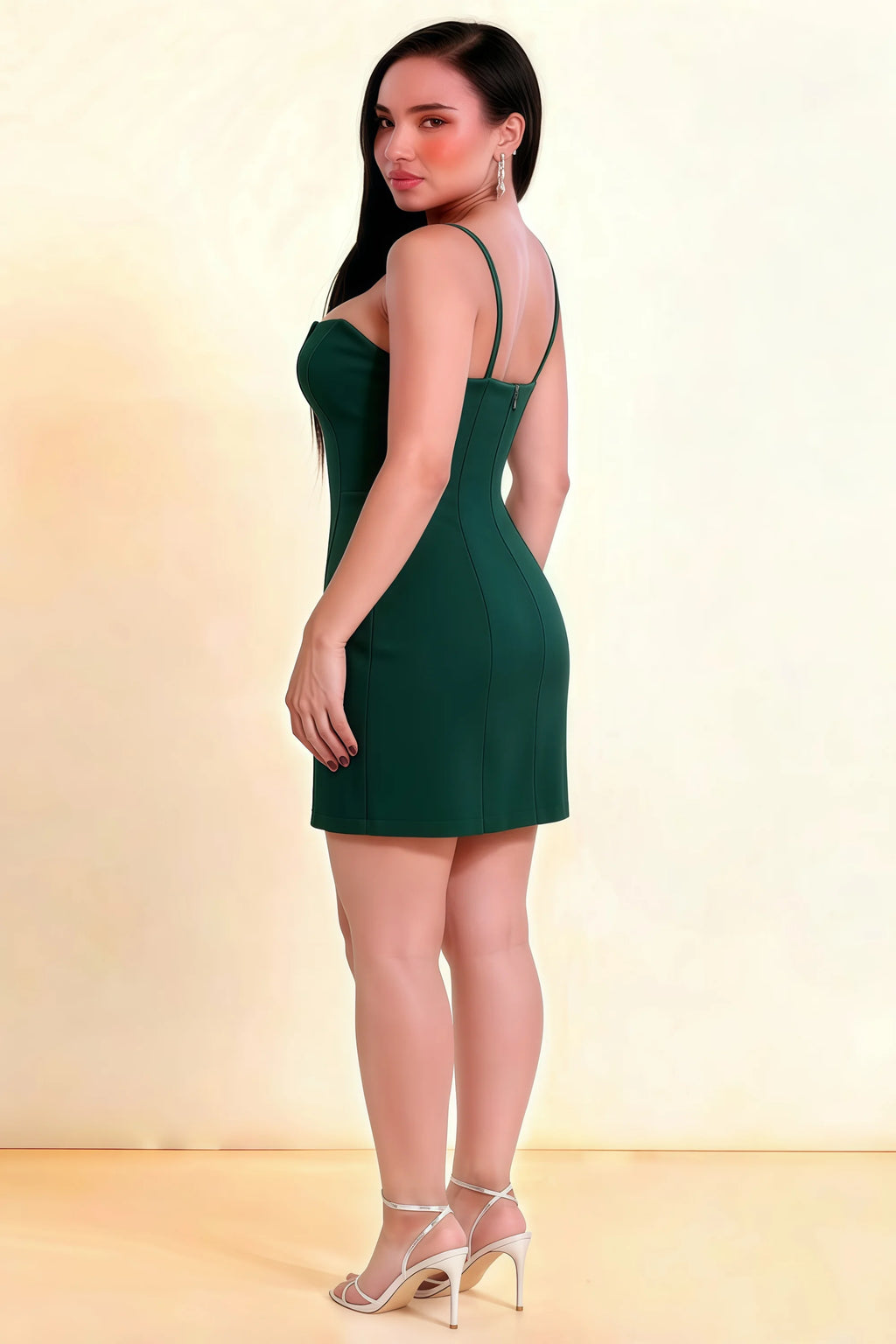 Bernice Emerald Green Satin Casual Plunge Mini Dress for Women