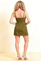Bernice Olive Satin Casual Plunge Mini Dress for Women