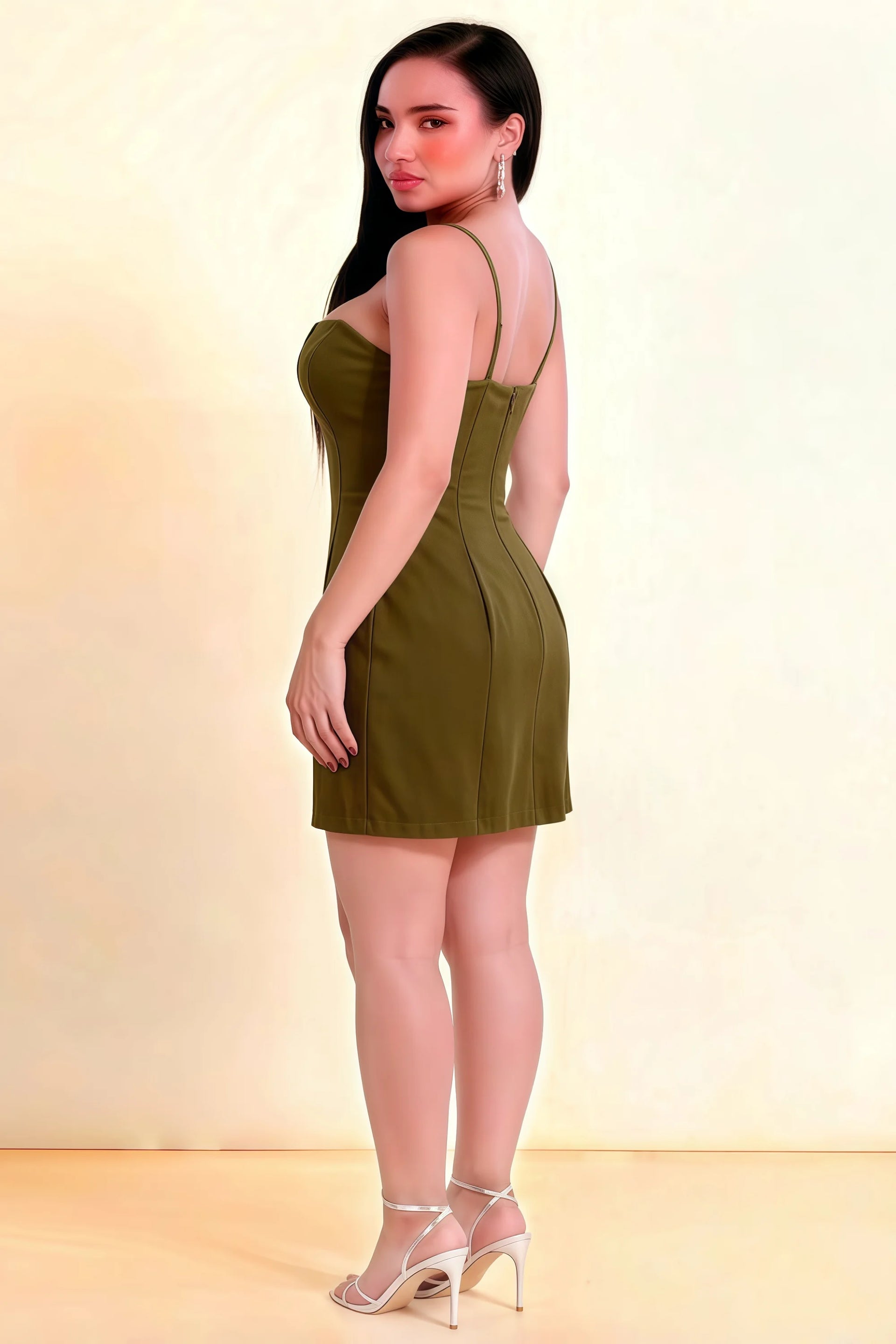 Bernice Olive Satin Casual Plunge Mini Dress for Women