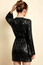 Bertha Black Sequin Modest Long Sleeve Mini Dress with Sash Detail