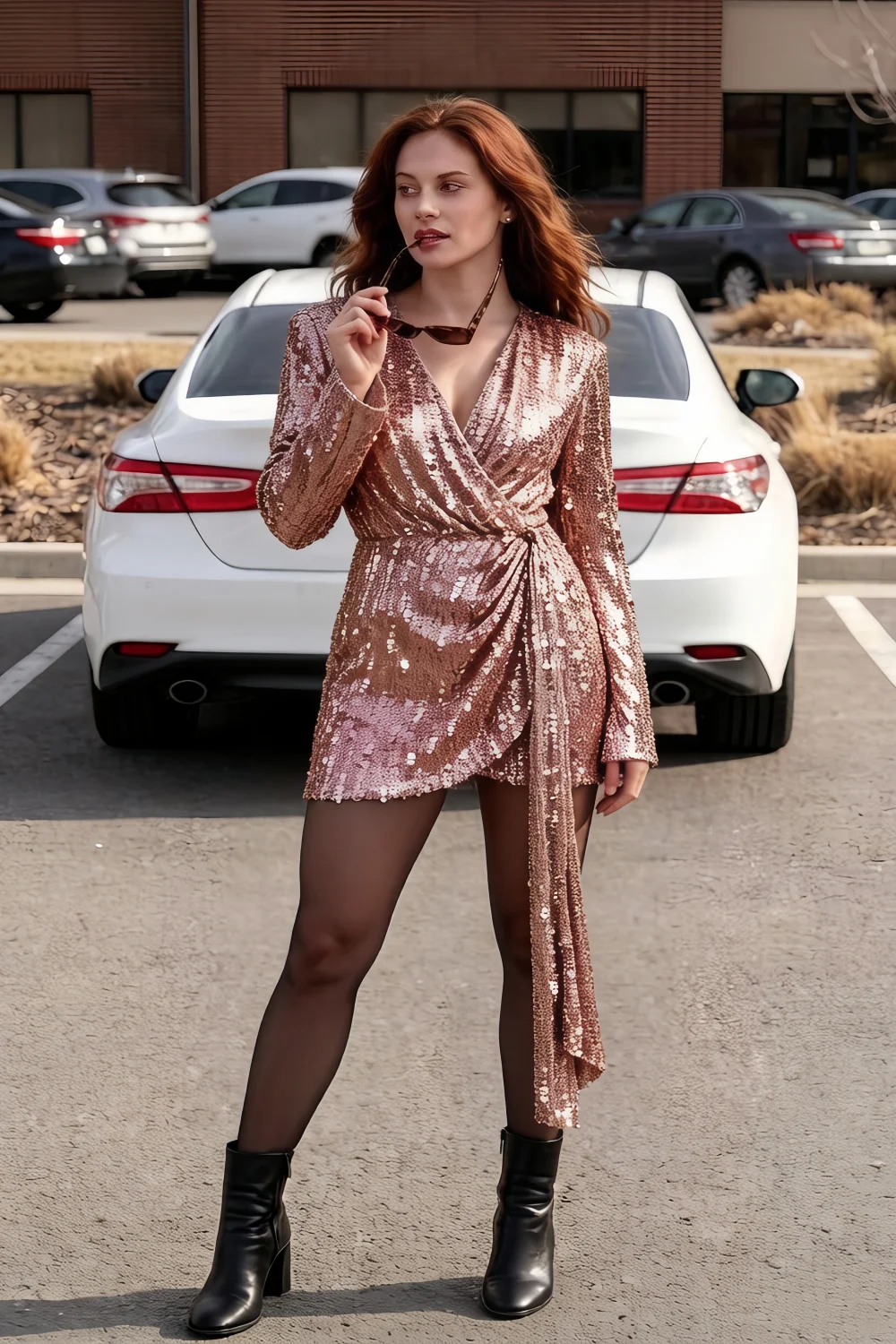 Bertha Champagne Sequin Modest Long Sleeve Mini Dress with Sash Detail