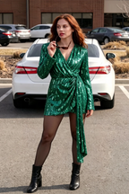 Bertha Green Sequin Modest Long Sleeve Mini Dress with Sash Detail