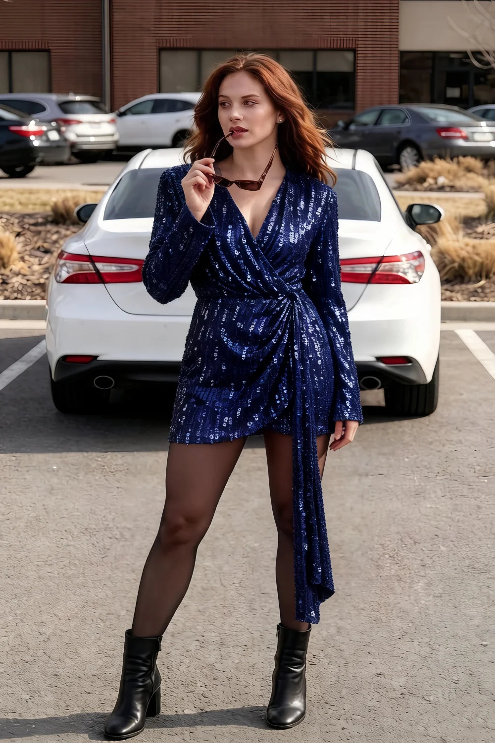 Bertha Navy Sequin Modest Long Sleeve Mini Dress with Sash Detail
