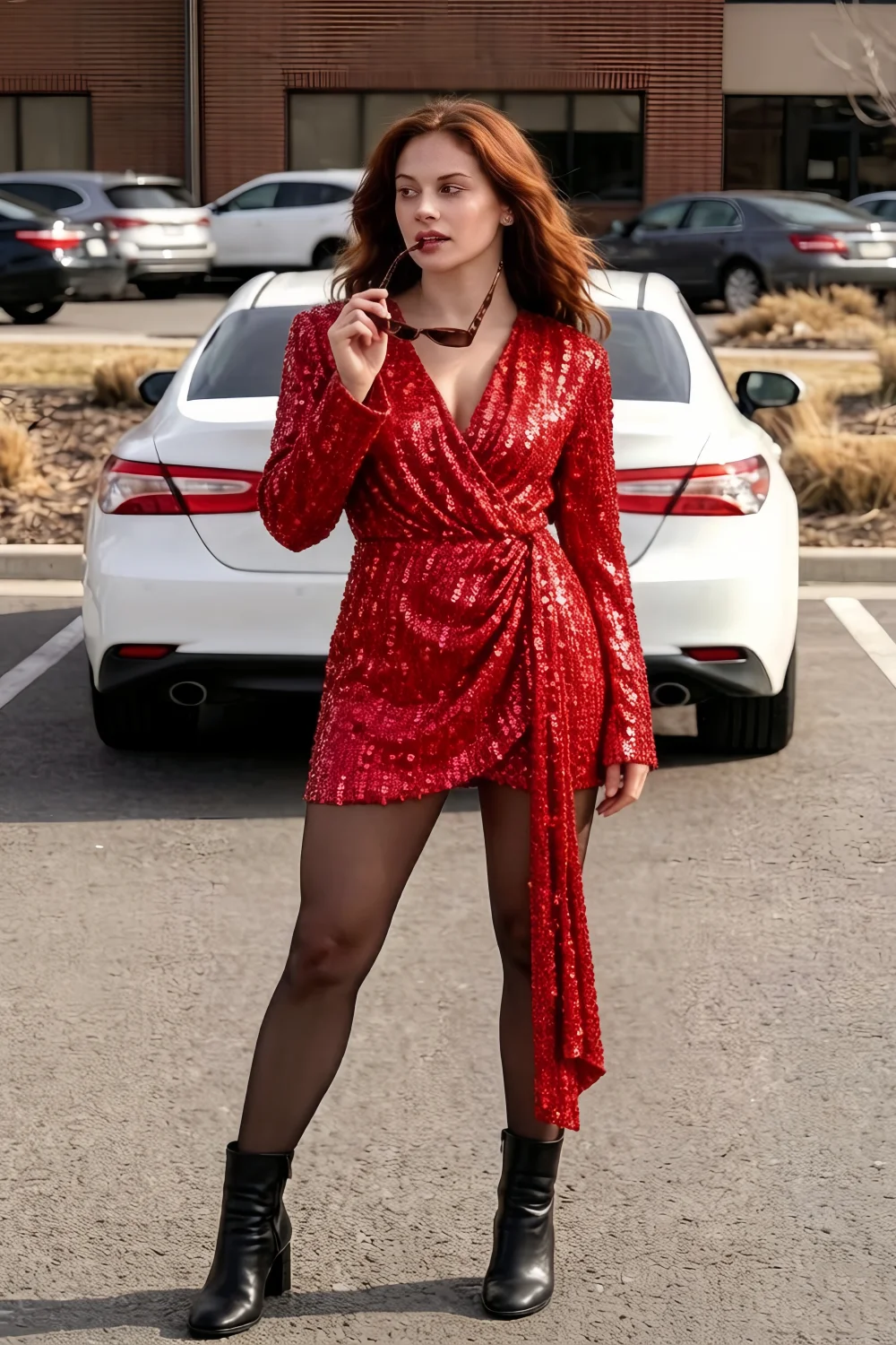 Bertha Red Sequin Modest Long Sleeve Mini Dress with Sash Detail