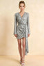 Bertha Silver Sequin Modest Long Sleeve Mini Dress with Sash Detail