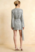 Bertha Silver Sequin Modest Long Sleeve Mini Dress with Sash Detail