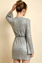Bertha Silver Sequin Modest Long Sleeve Mini Dress with Sash Detail
