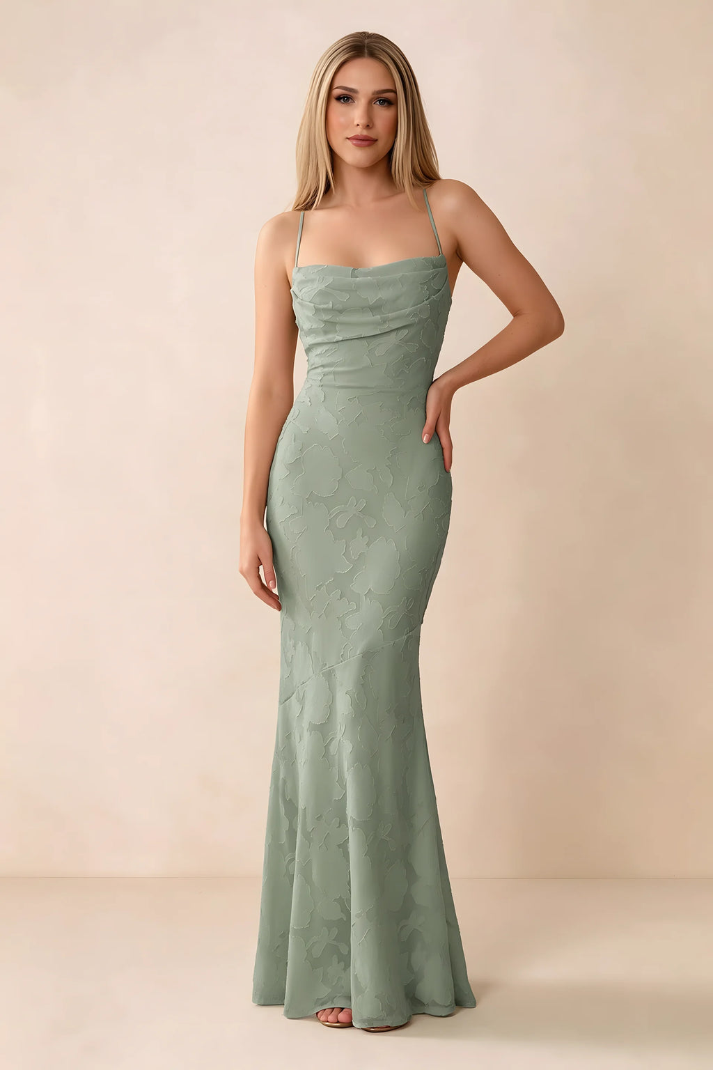 Front studio view of Bess agave floral burnout maxi dress with a draped cowl neckline and thin straps