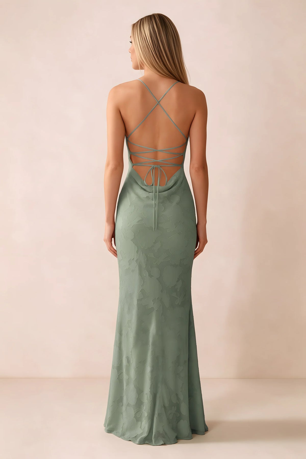 Rear studio view of Bess agave dress showing cross-back lacing above a low cowl drape