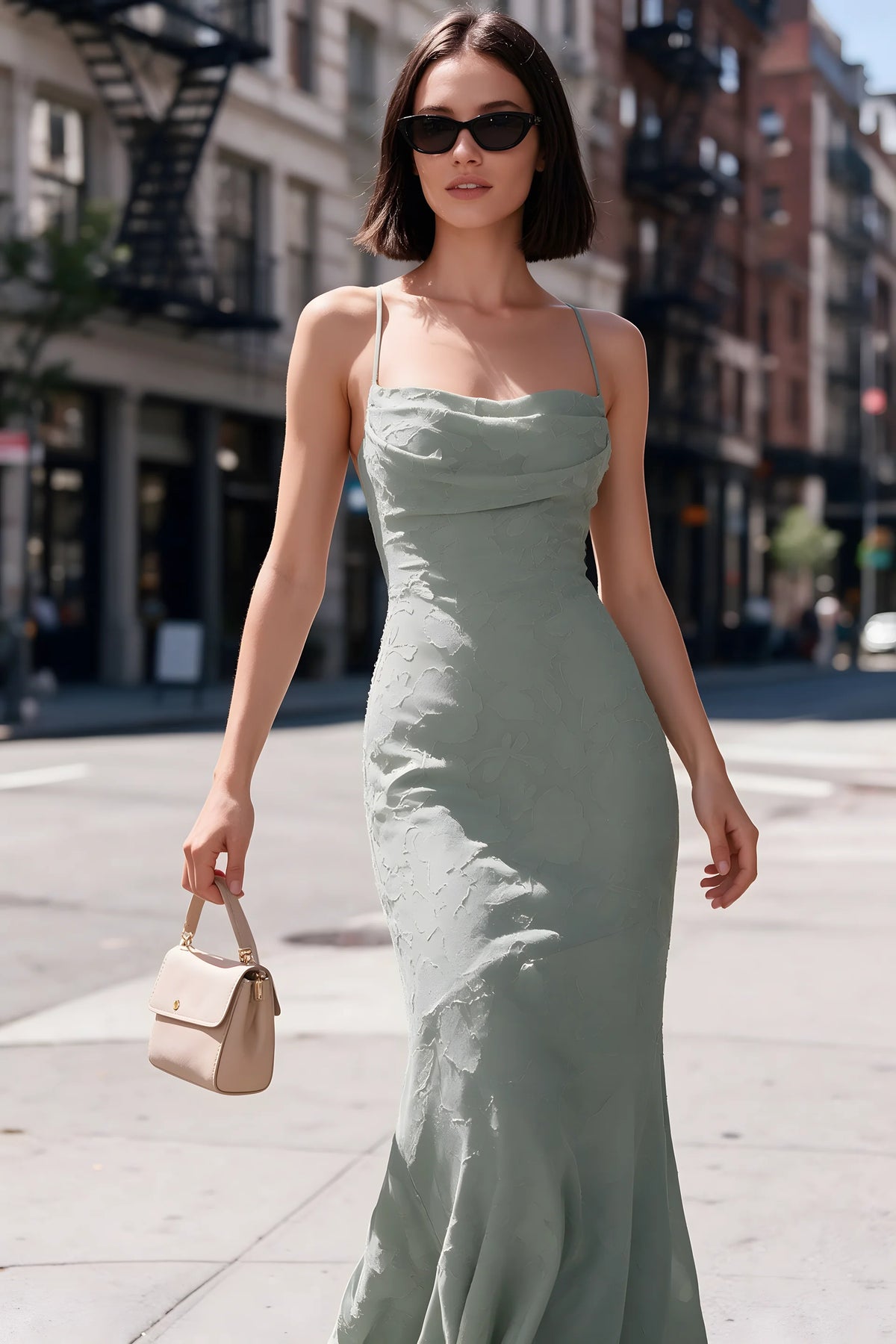 Outdoor front view of Bess agave floral burnout dress styled with sunglasses on a city street