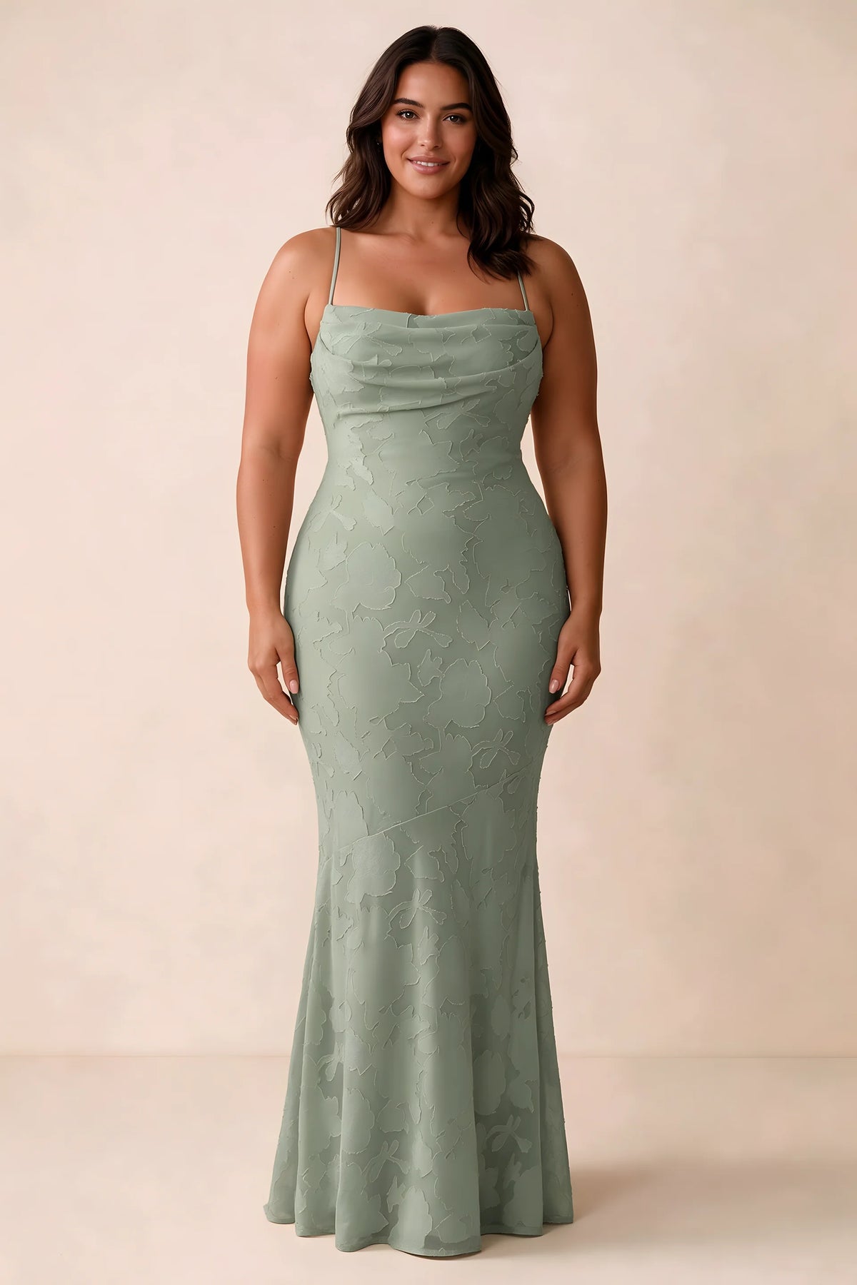 Front studio view of Bess agave maxi dress showing tonal floral texture and a long skirt