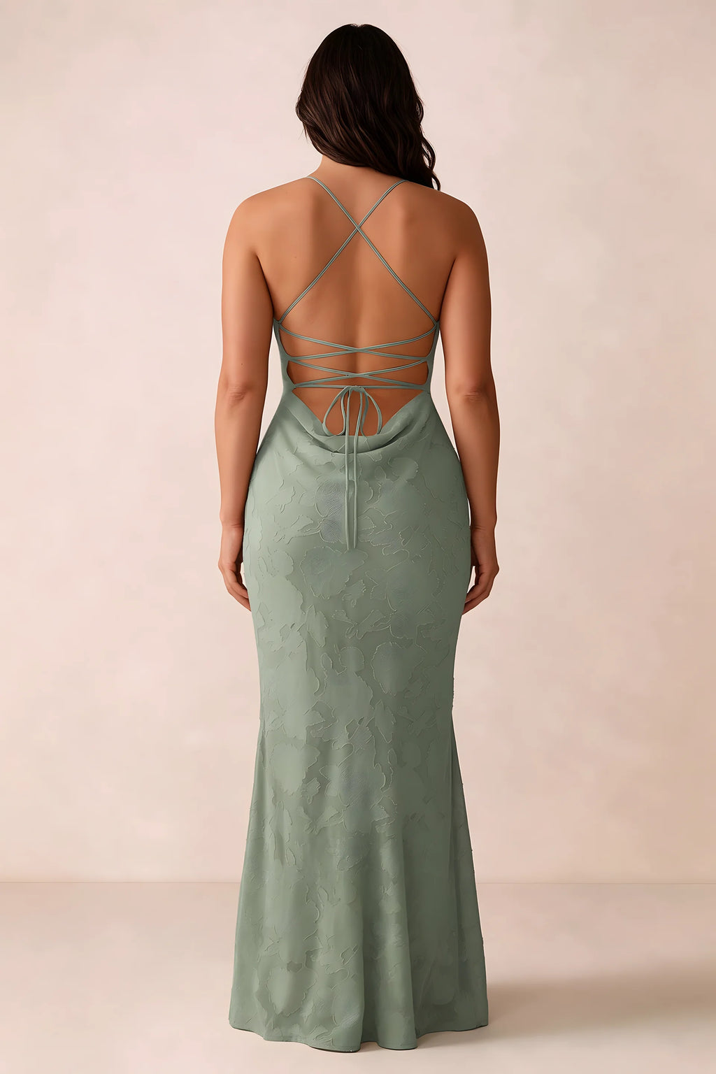 Back studio view of Bess agave dress showing the crossed straps and full-length silhouette