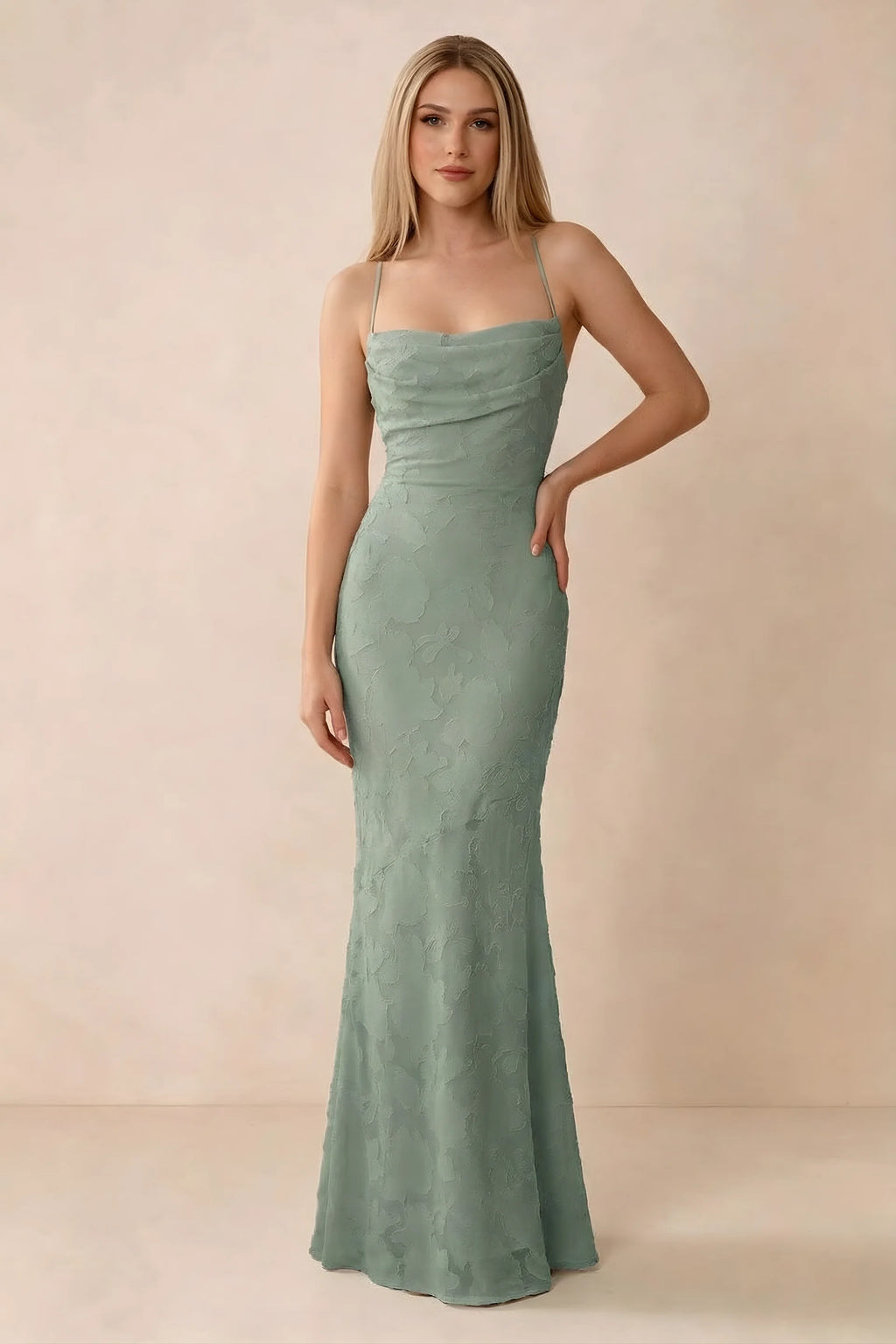 Front studio view of Bess aloe green floral burnout maxi dress with a draped cowl neckline and thin straps
