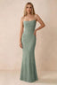 Front studio view of Bess aloe green floral burnout maxi dress with a draped cowl neckline and thin straps