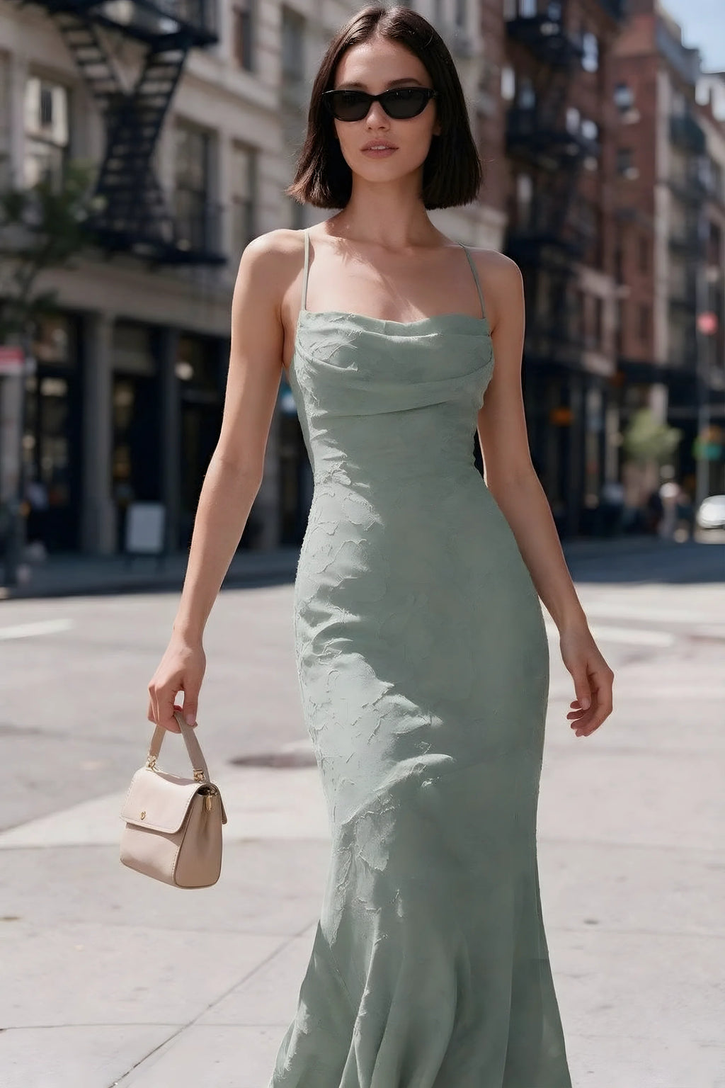 Outdoor front view of Bess aloe green floral burnout dress styled with sunglasses on a city street