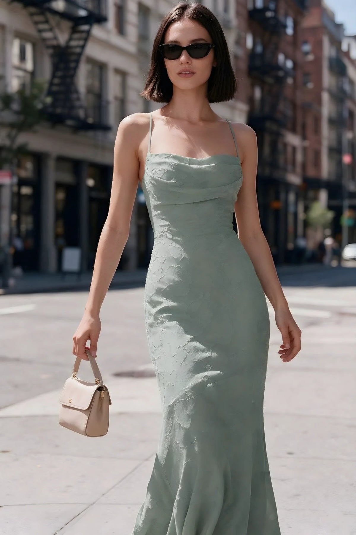 Outdoor front view of Bess aloe green floral burnout dress styled with sunglasses on a city street
