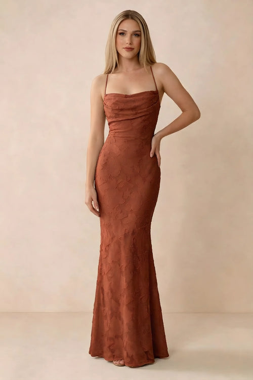 Front studio view of Bess auburn floral burnout maxi dress with a draped cowl neckline and thin straps