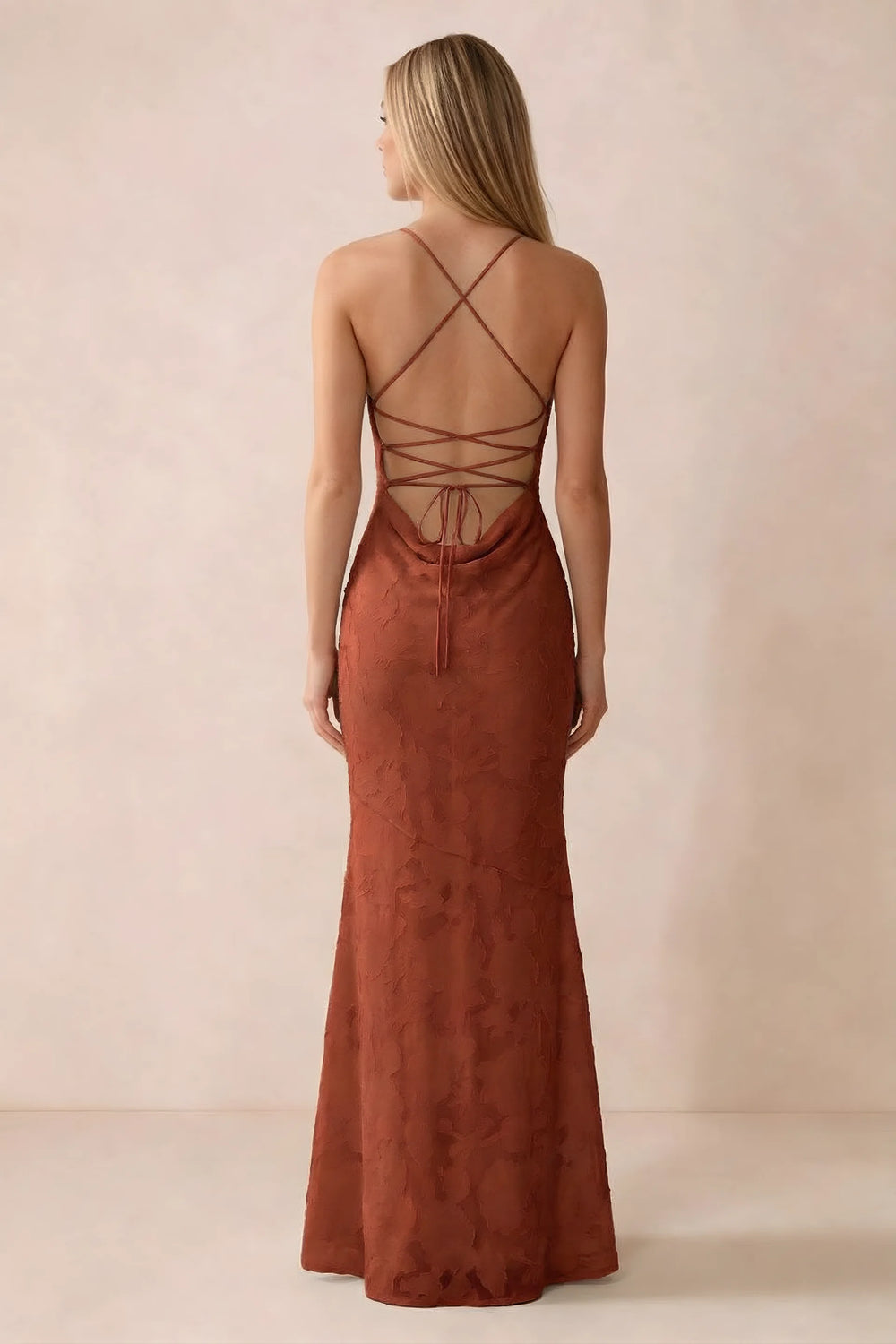 Translation missing: en.Rear studio view of Bess auburn dress showing cross-back lacing above a low cowl drape content.product_image_secondary