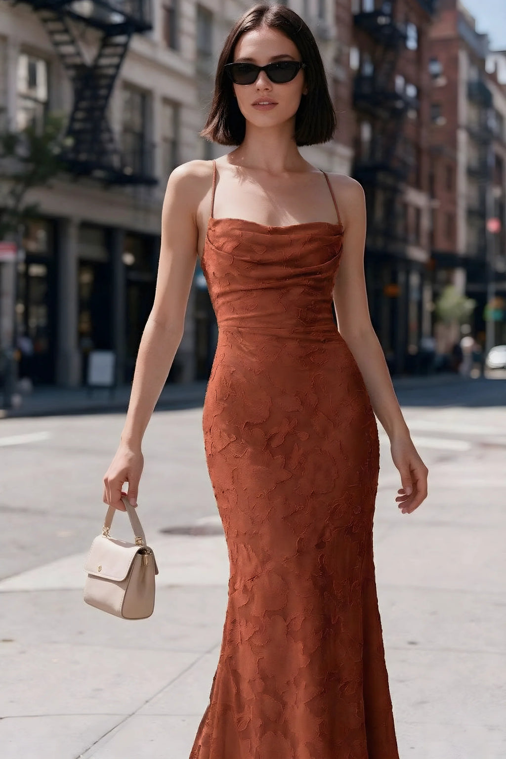 Outdoor front view of Bess auburn floral burnout dress styled with sunglasses on a city street