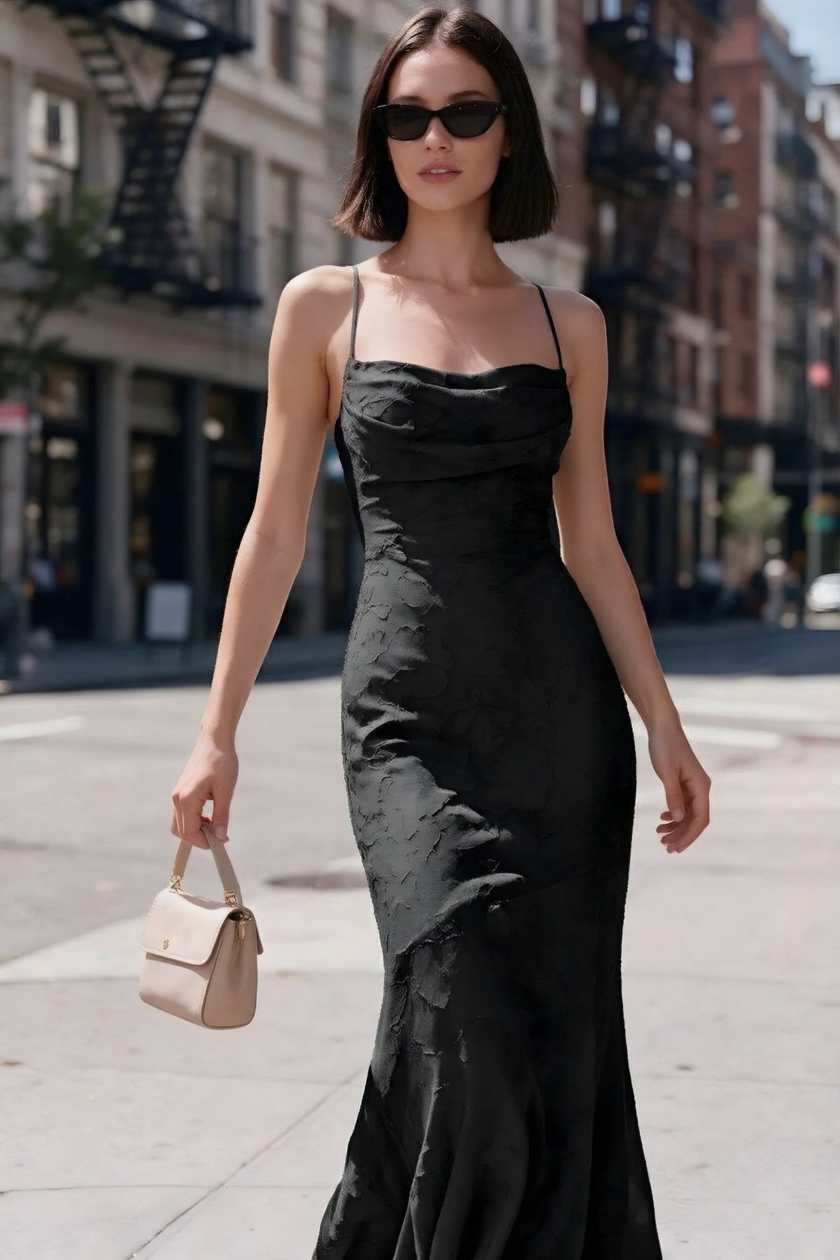 Outdoor front view of Bess black floral burnout dress styled with sunglasses on a city street