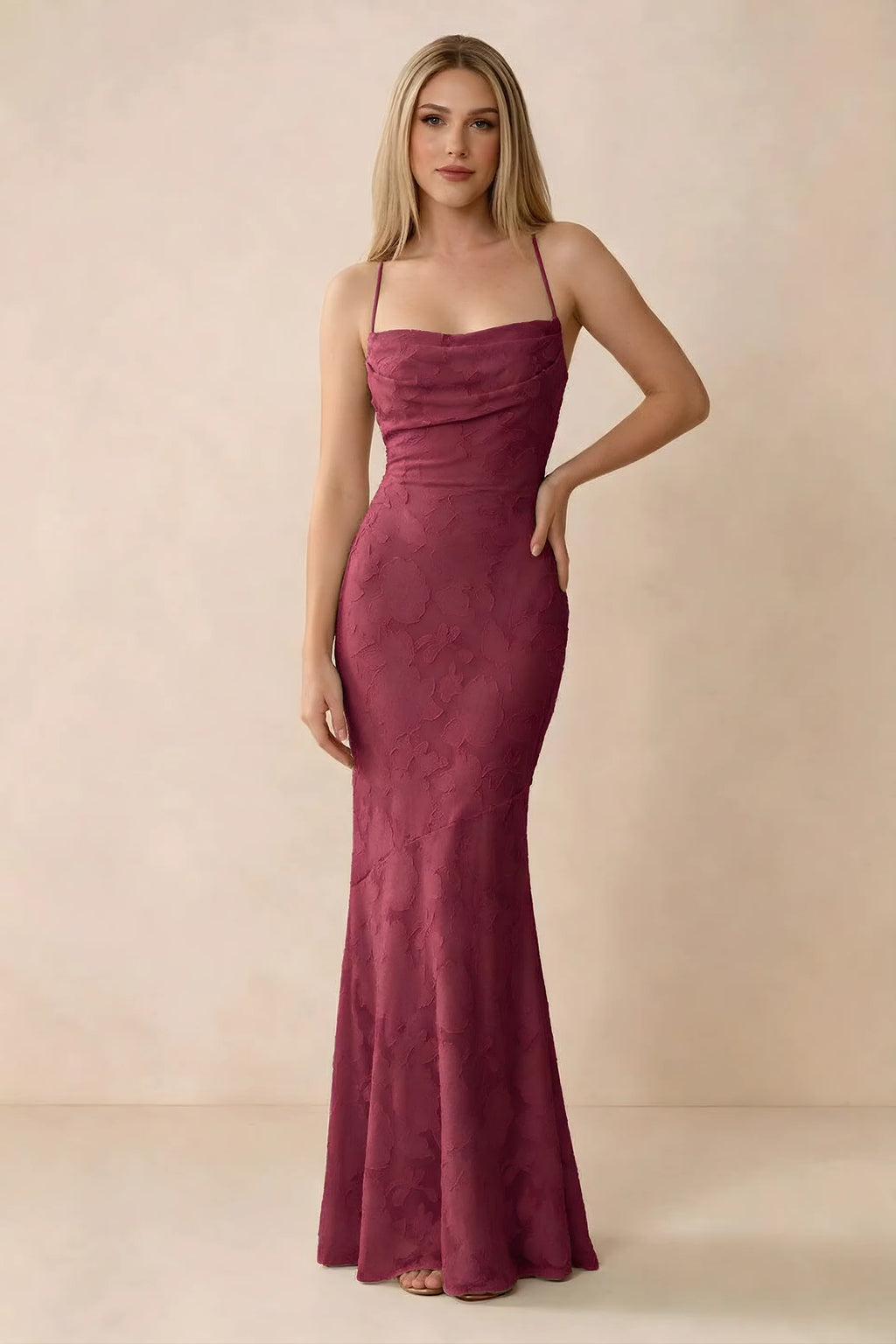 Front studio view of Bess burgundy floral burnout maxi dress with a draped cowl neckline and thin straps