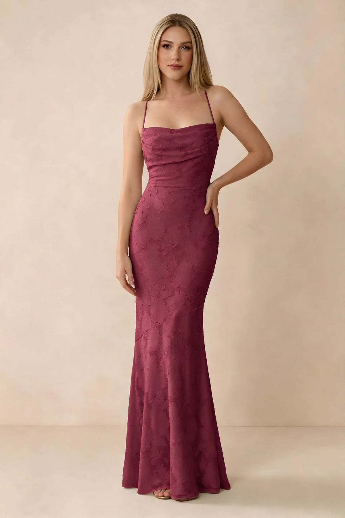Front studio view of Bess burgundy floral burnout maxi dress with a draped cowl neckline and thin straps