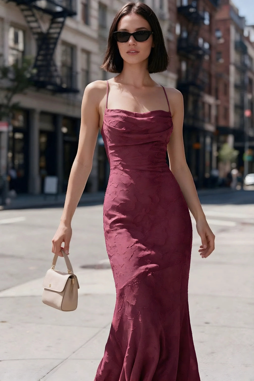 Outdoor front view of Bess burgundy floral burnout dress styled with sunglasses on a city street