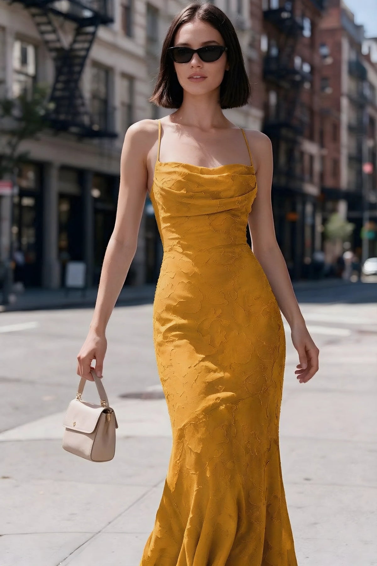 Outdoor front view of Bess butterscotch floral burnout dress styled with sunglasses on a city street