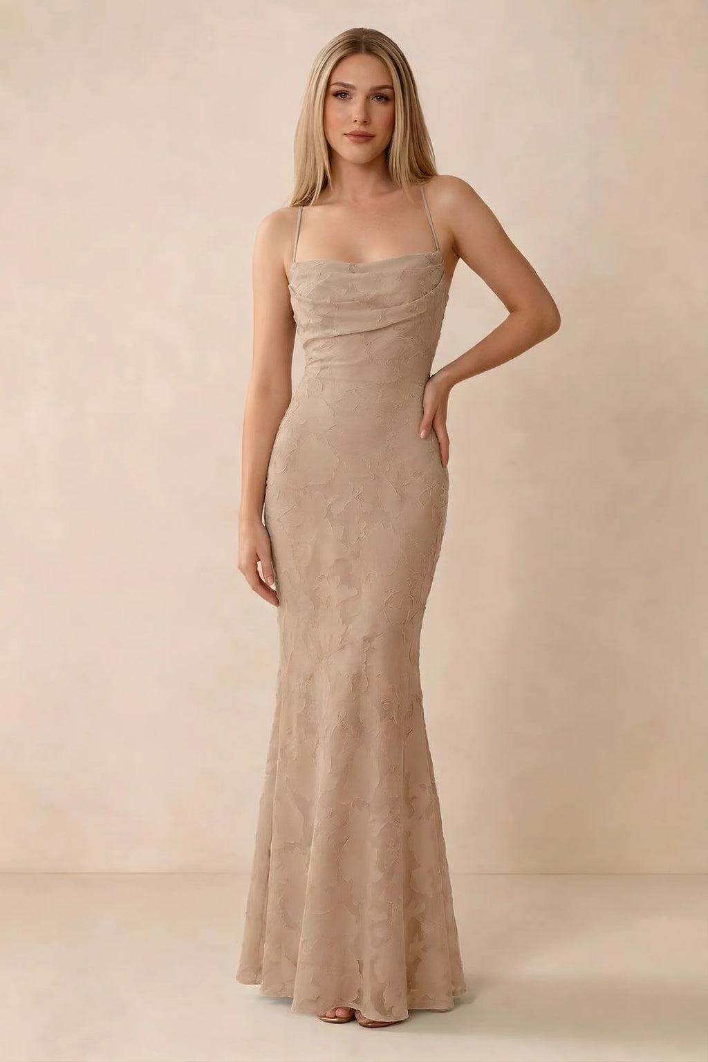 Front studio view of Bess champagne floral burnout maxi dress with a draped cowl neckline and thin straps