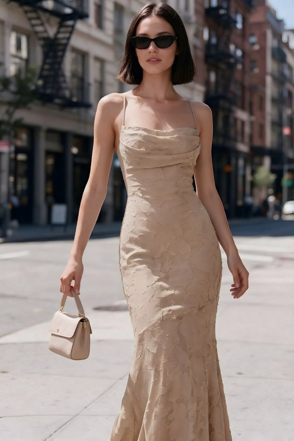 Outdoor front view of Bess champagne floral burnout dress styled with sunglasses on a city street