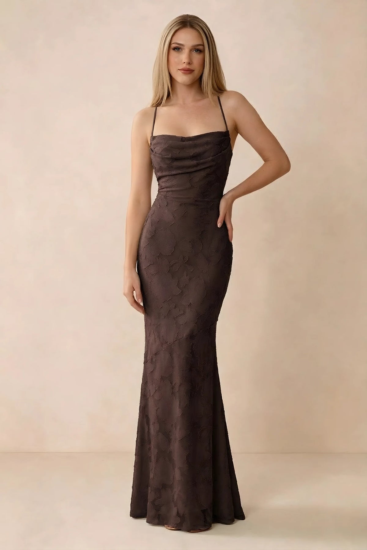 Front studio view of Bess chocolate floral burnout maxi dress with a draped cowl neckline and thin straps