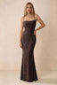 Front studio view of Bess chocolate floral burnout maxi dress with a draped cowl neckline and thin straps