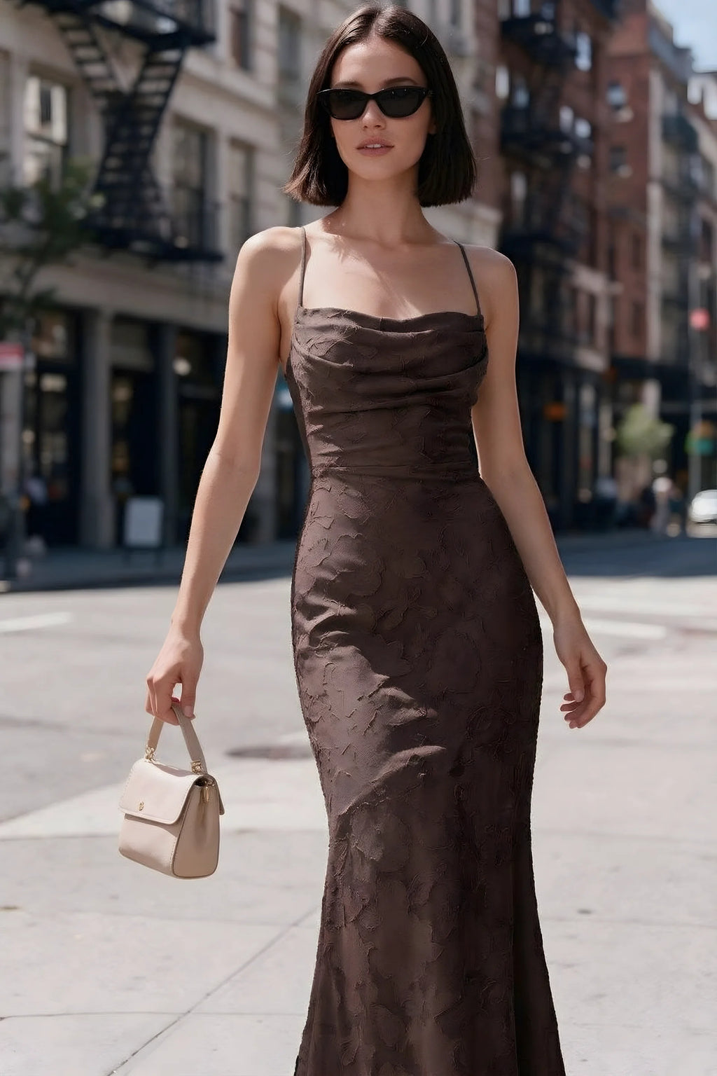 Outdoor front view of Bess chocolate floral burnout dress styled with sunglasses on a city street