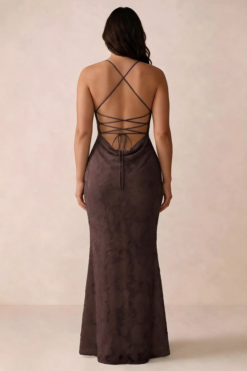Back studio view of Bess chocolate dress showing the crossed straps and full-length silhouette